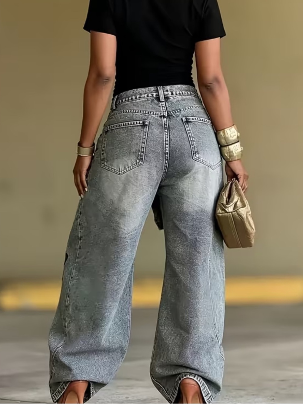 Women' High Waist Wide Leg Jeans - Vintage Y2K Retro Wide Pants with Fake 2pcs - Picture 2 of 4